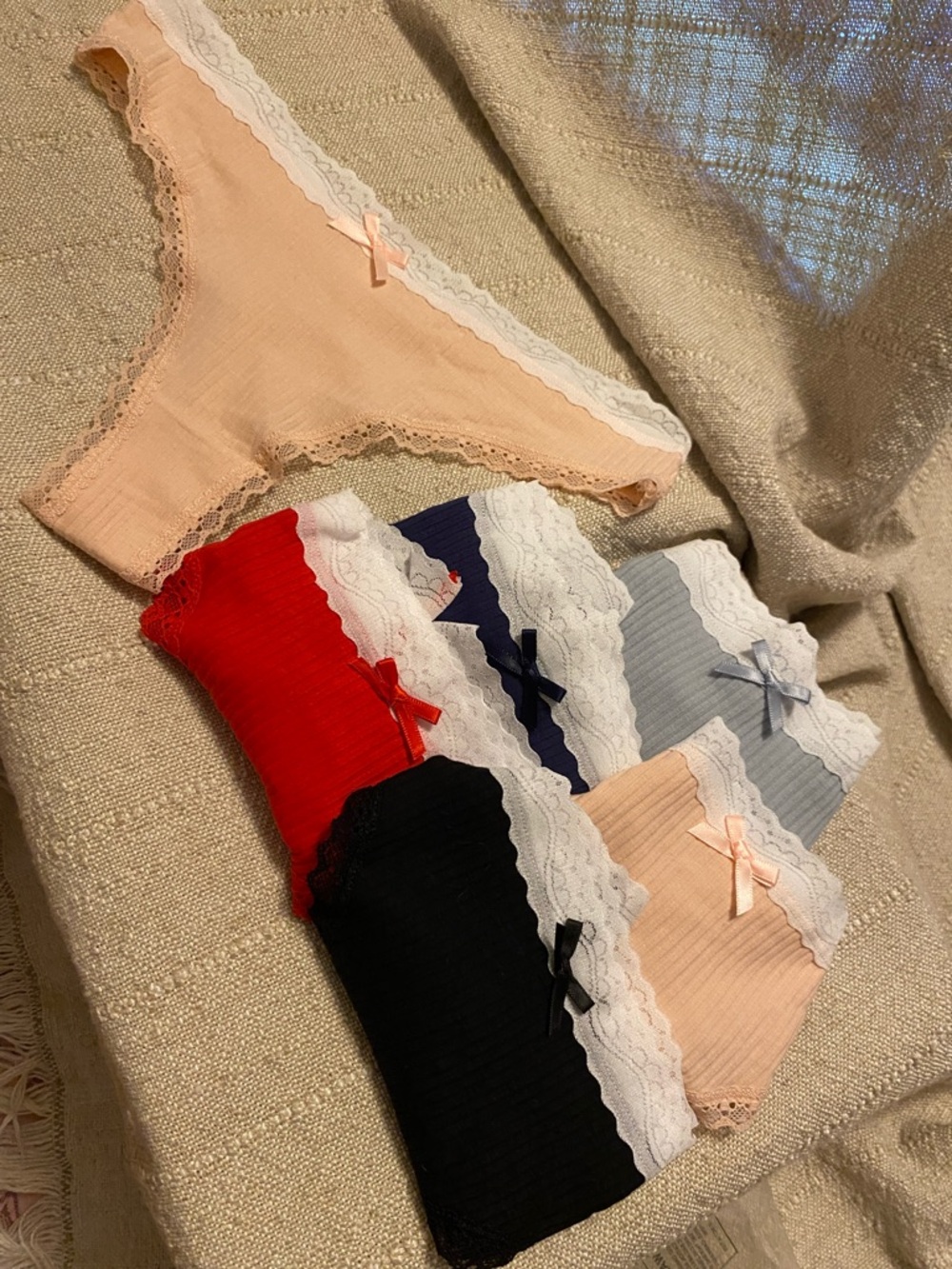 Women's Lace-Trim Ribbed Cheeky/Thong Panties - Peach, Red, Black, Navy, Gray.